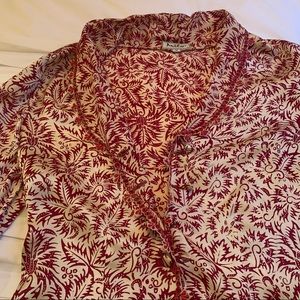 Silk exotic flower motif burgundy and cream  long sleeve blouse